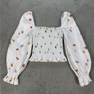 Reformation Tangerine Top 100% Linen Smocked Floral Print in White